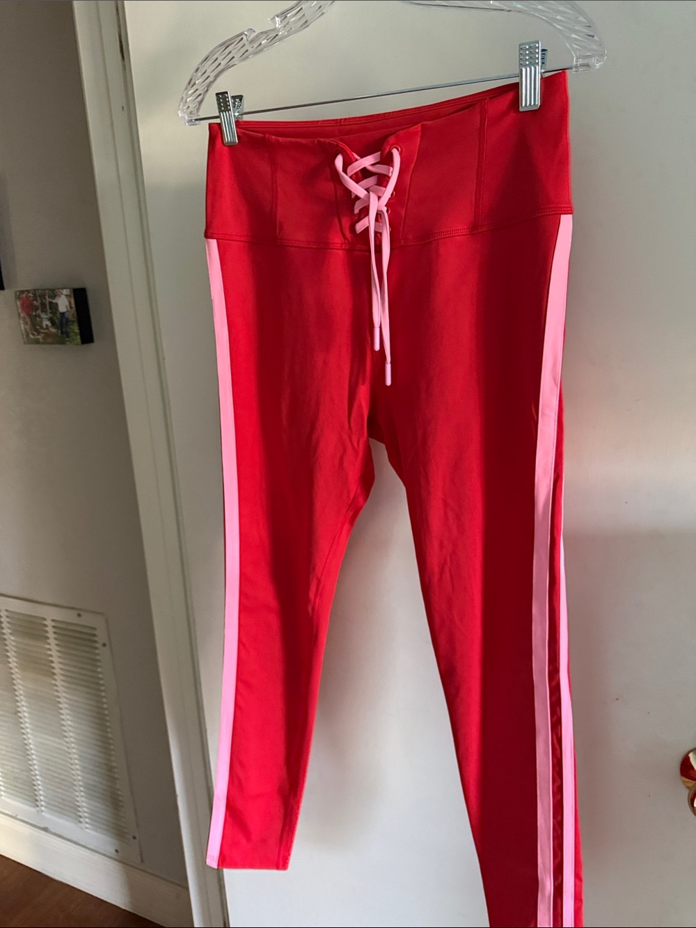 Zumba Fitness Red Leggings with Pink Side Stripes